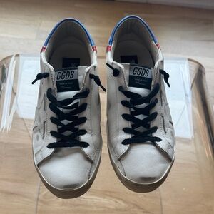 Golden Goose  Wonder Woman White Sneakers with Black Laces, Blue & Red heel.